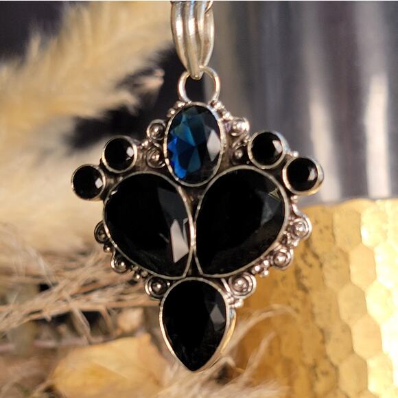 Dramatic Sterling Silver Black Onyx Pendant with Elegant Scrolling - Picture 1 of 13